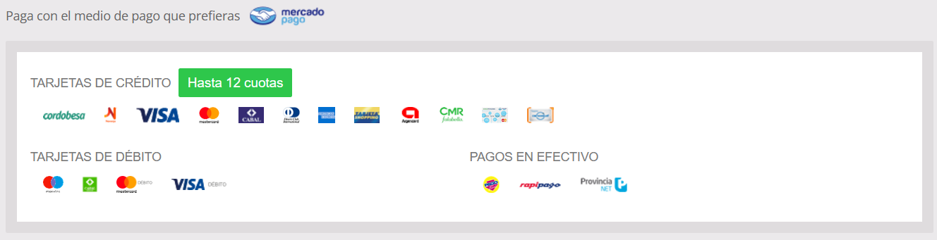 Metodos de pago a través de la plataforma MercadoPago